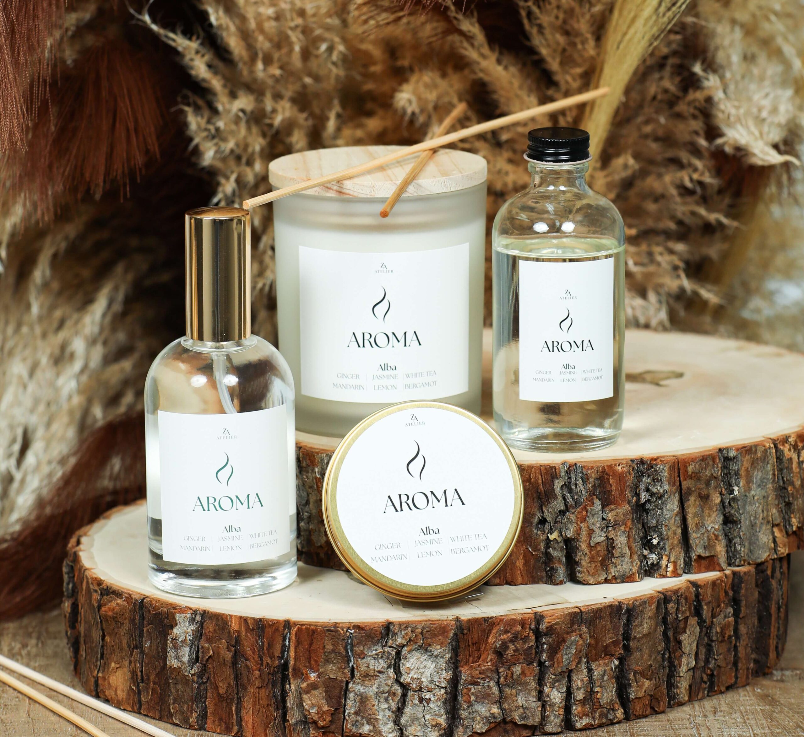Variety pack Alba fragance: candle jar, candle tin, reed diffuser, and room spray