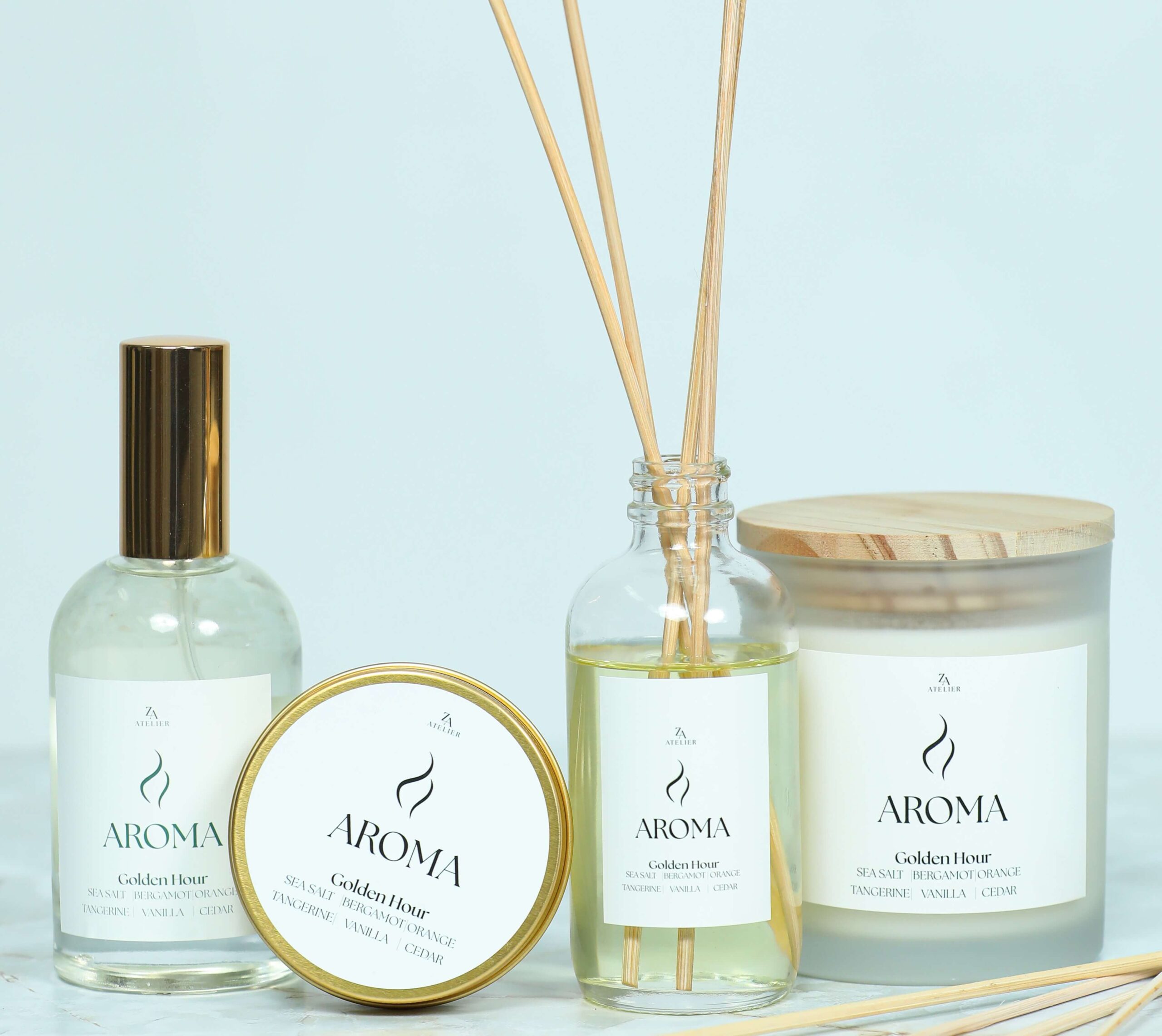 Variety pack Golden Hour fragance: candle jar, candle tin, reed diffuser, and room spray