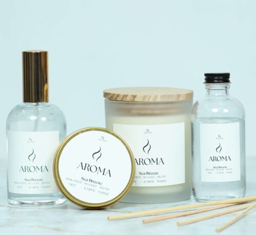 Variety pack Sea Breeze fragance: candle jar, candle tin, reed diffuser, and room spray
